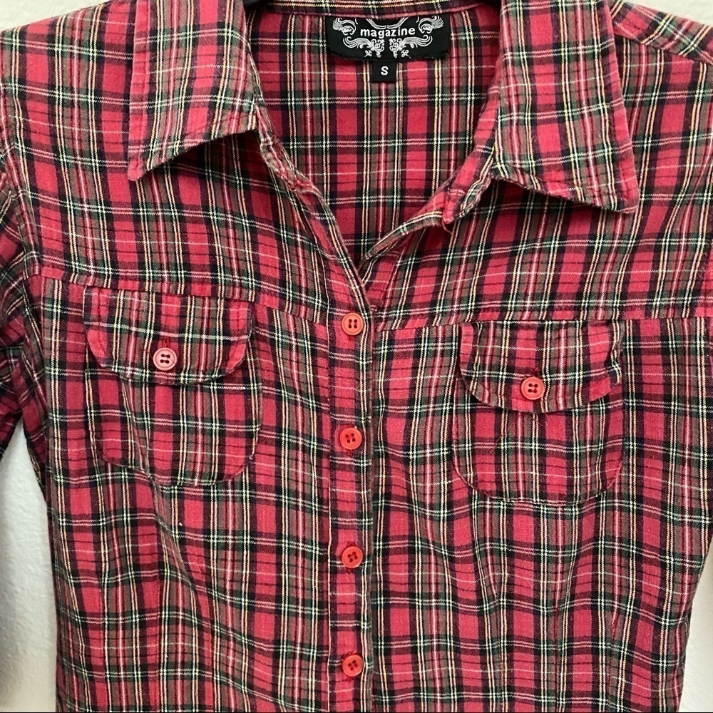 Magazine Red Plaid Button Front Collar Shirt Tab Sleeves Tie Back Sz Small - Picture 10 of 10